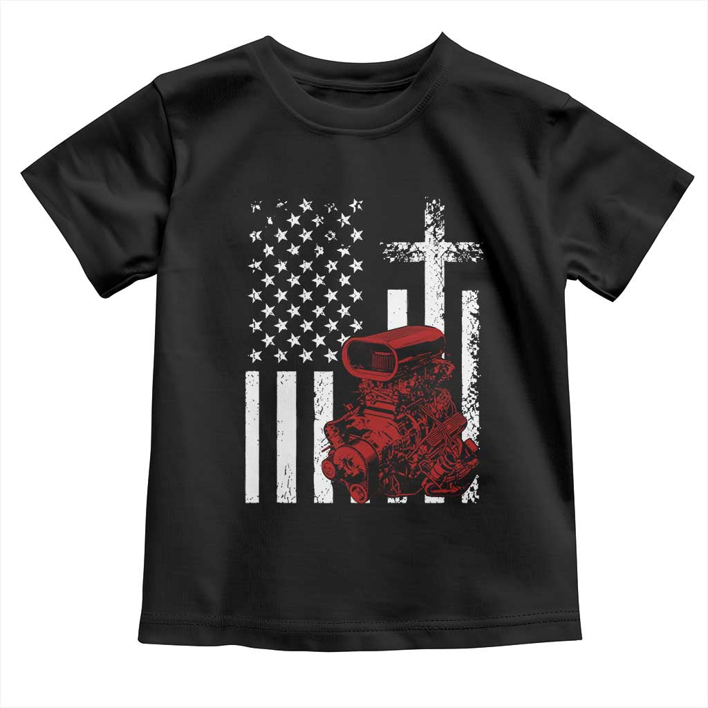 Classic Big Block Blower Toddler T Shirt Patriotic Racing Engine American Flag Christian Cross