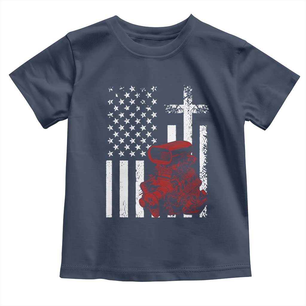 Classic Big Block Blower Toddler T Shirt Patriotic Racing Engine American Flag Christian Cross
