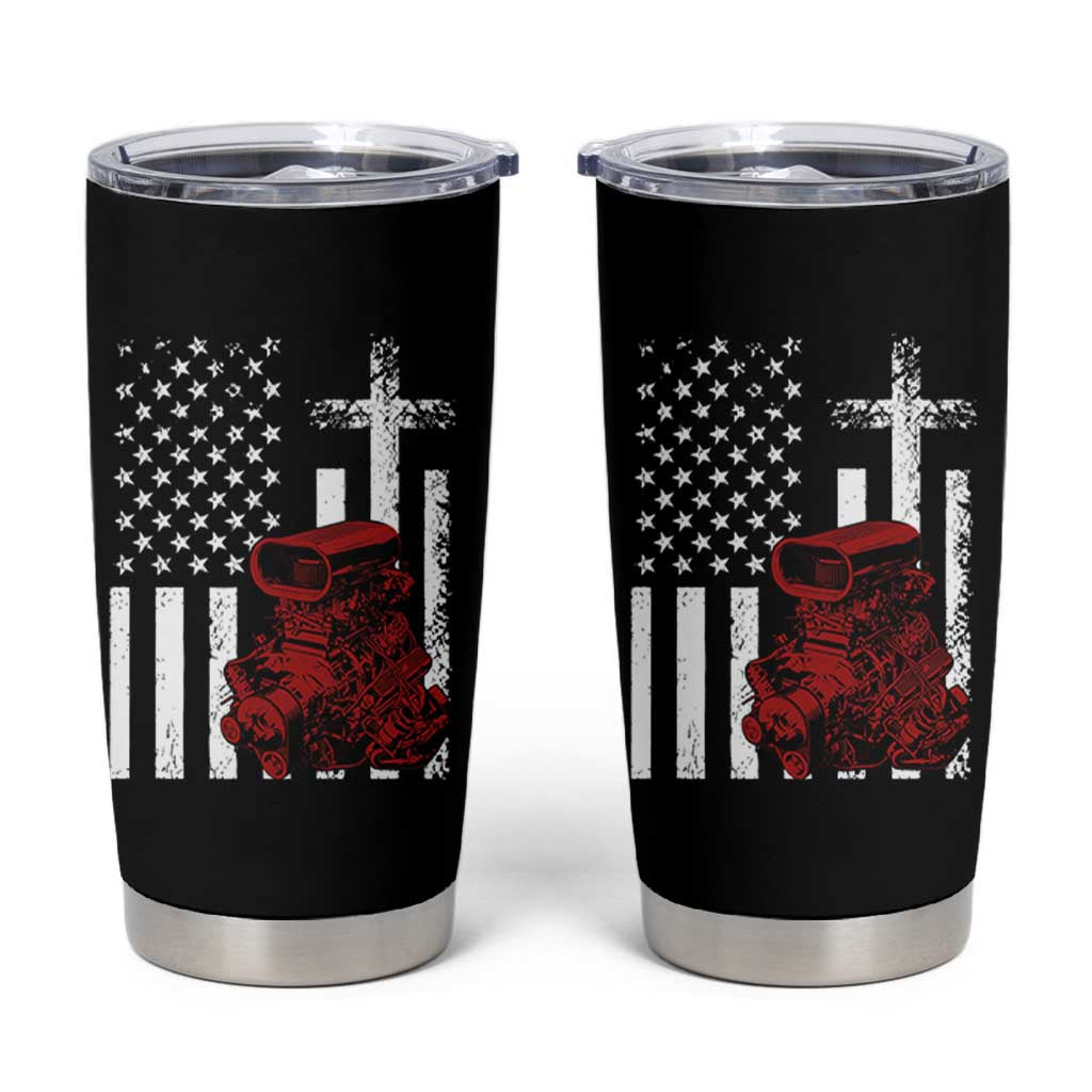 Classic Big Block Blower Tumbler Cup Patriotic Racing Engine American Flag Christian Cross