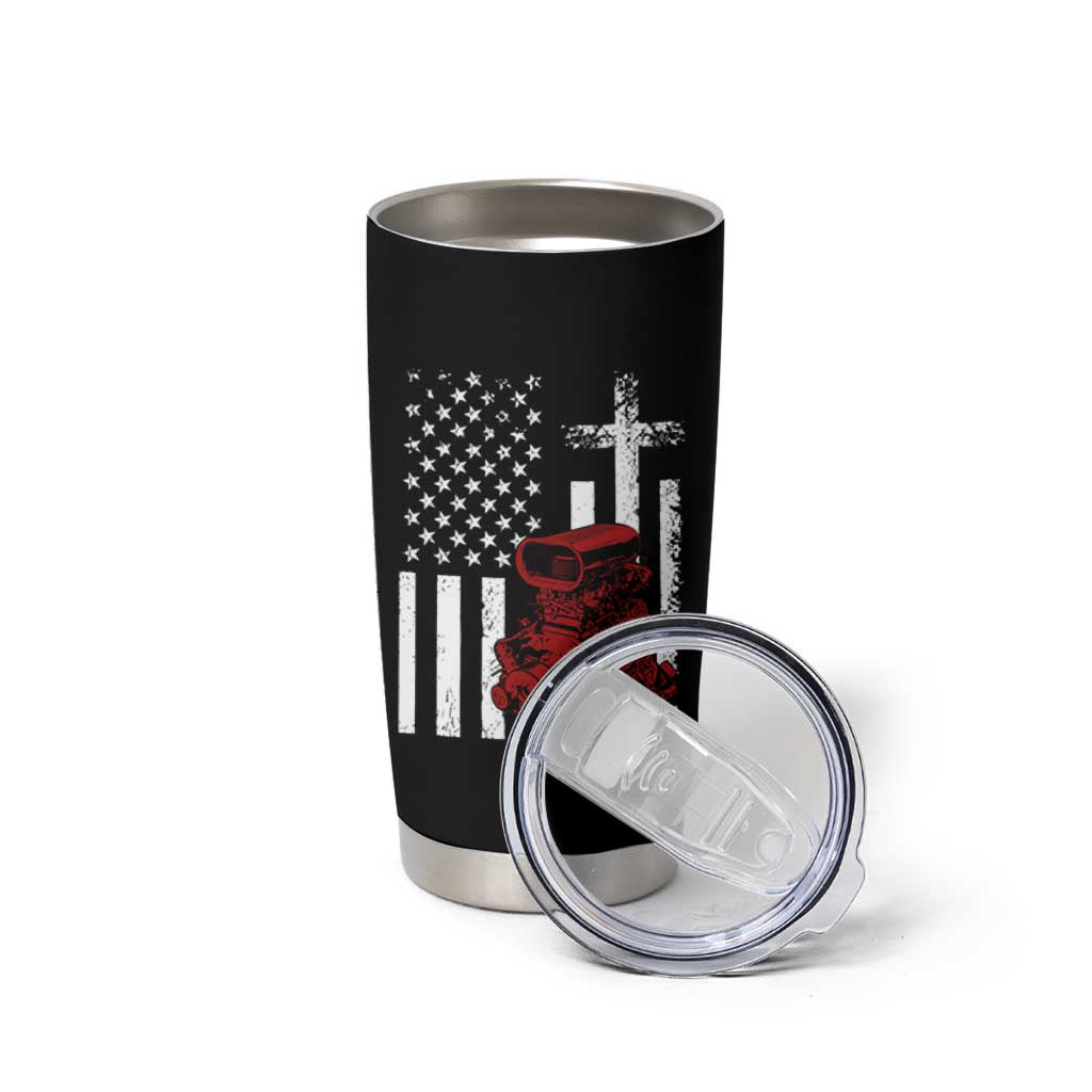 Classic Big Block Blower Tumbler Cup Patriotic Racing Engine American Flag Christian Cross