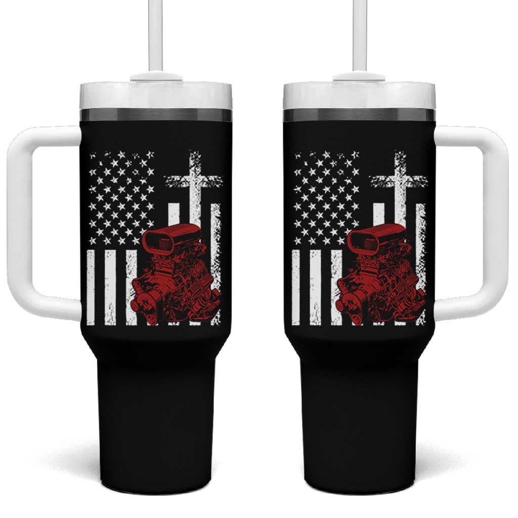 Classic Big Block Blower Tumbler With Handle Patriotic Racing Engine American Flag Christian Cross
