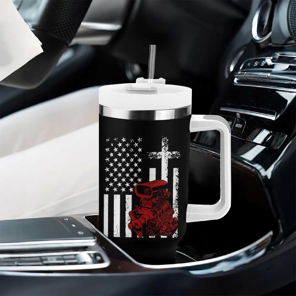 Classic Big Block Blower Tumbler With Handle Patriotic Racing Engine American Flag Christian Cross