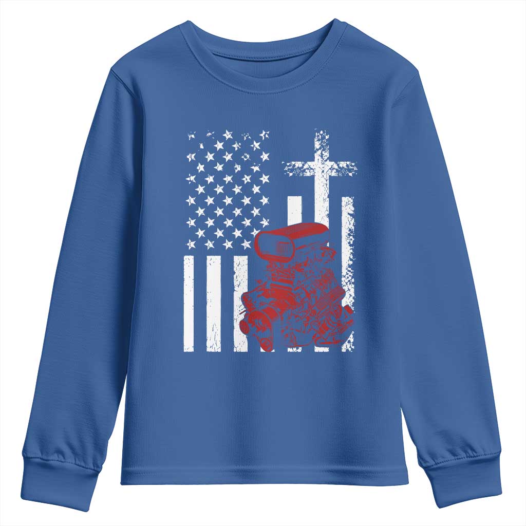 Classic Big Block Blower Youth Sweatshirt Patriotic Racing Engine American Flag Christian Cross