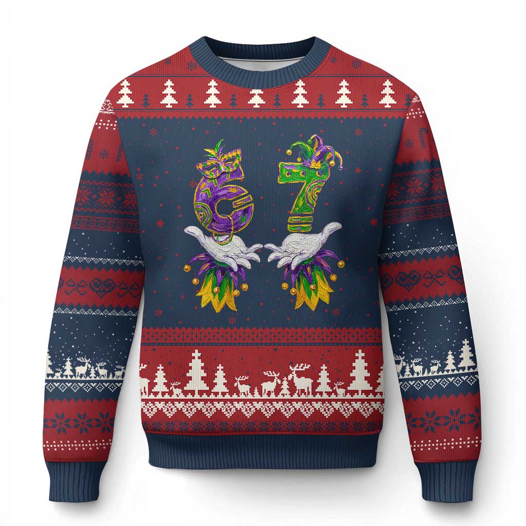 67 Mardi Gras Meme Ugly Christmas Sweater Funny Six Seven Hand Carnival Trendy