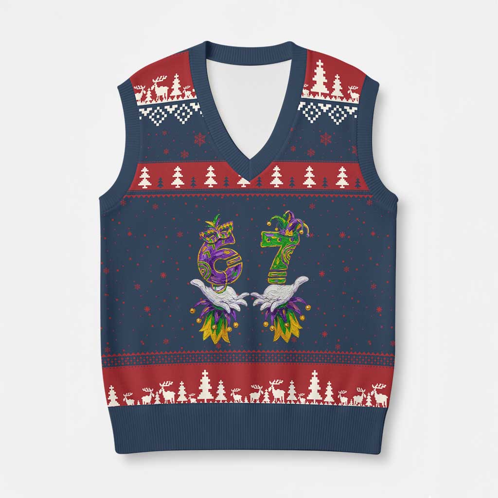 67 Mardi Gras Meme V-Neck Knit Sweater Vest Funny Six Seven Hand Carnival Trendy