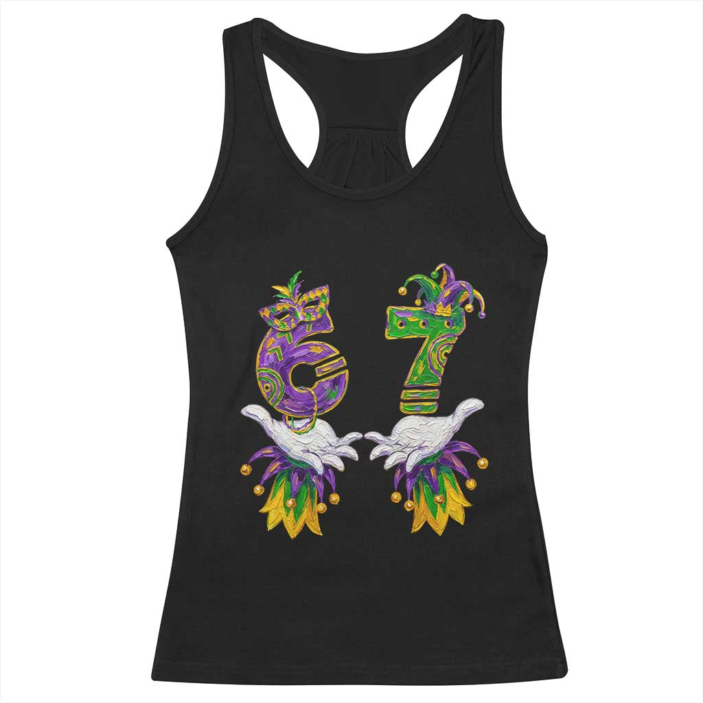 67 Mardi Gras Meme Racerback Tank Top Funny Six Seven Hand Carnival Trendy