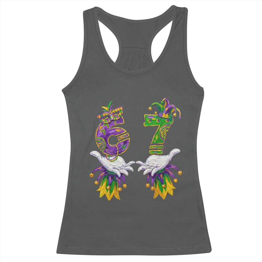67 Mardi Gras Meme Racerback Tank Top Funny Six Seven Hand Carnival Trendy