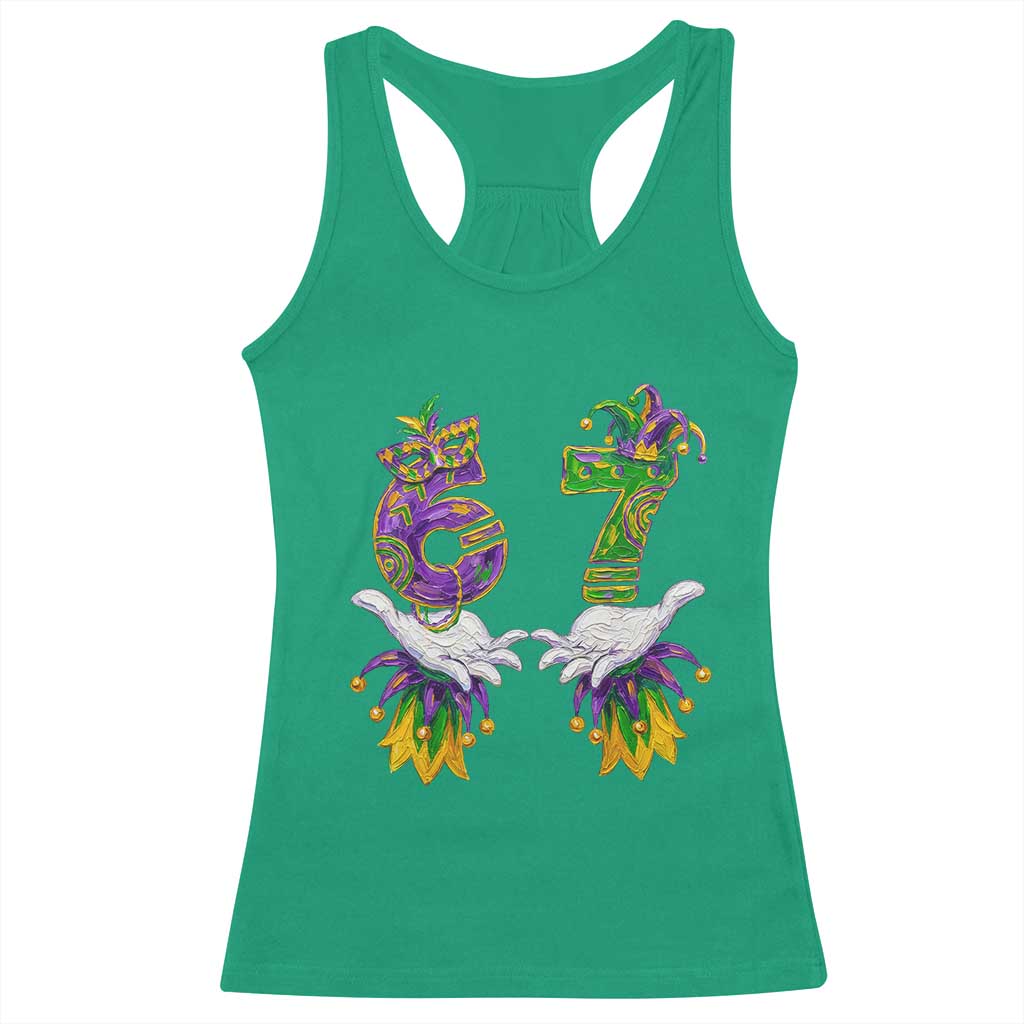 67 Mardi Gras Meme Racerback Tank Top Funny Six Seven Hand Carnival Trendy