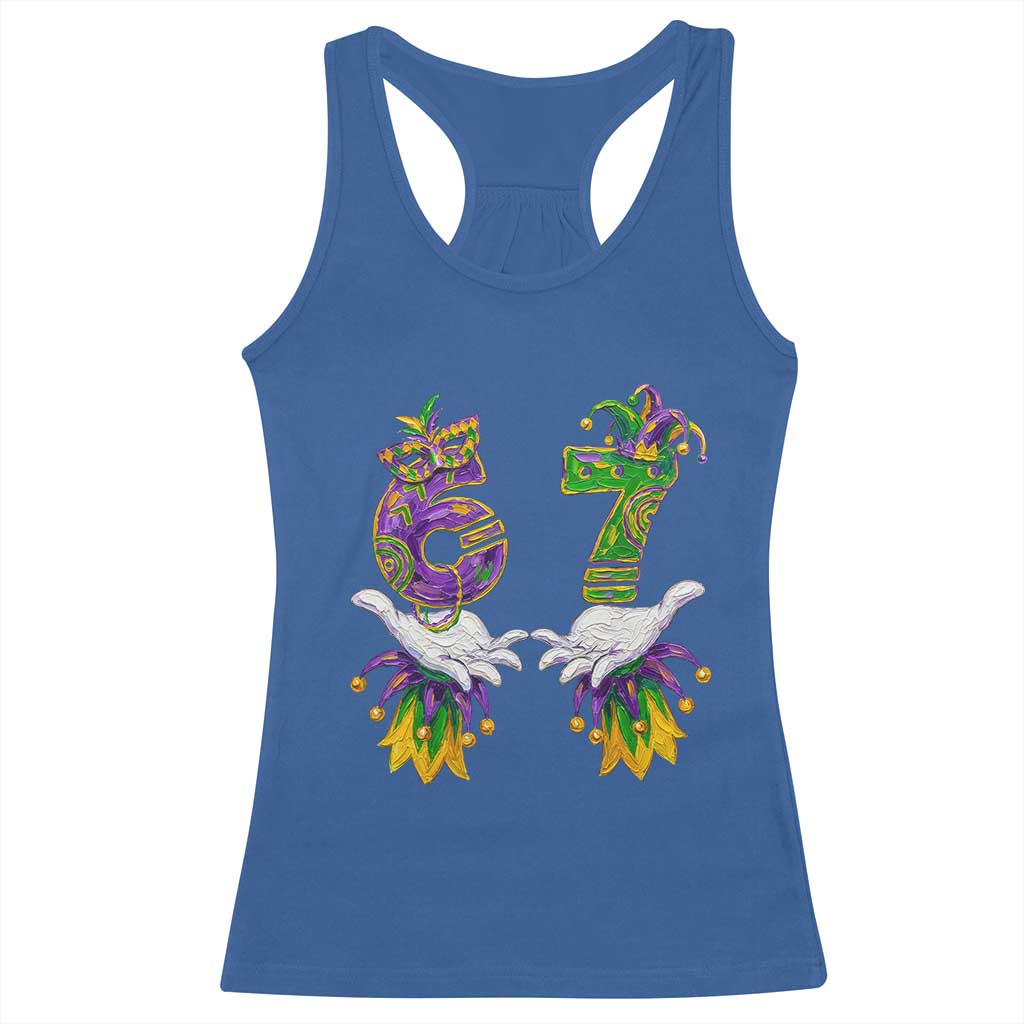 67 Mardi Gras Meme Racerback Tank Top Funny Six Seven Hand Carnival Trendy