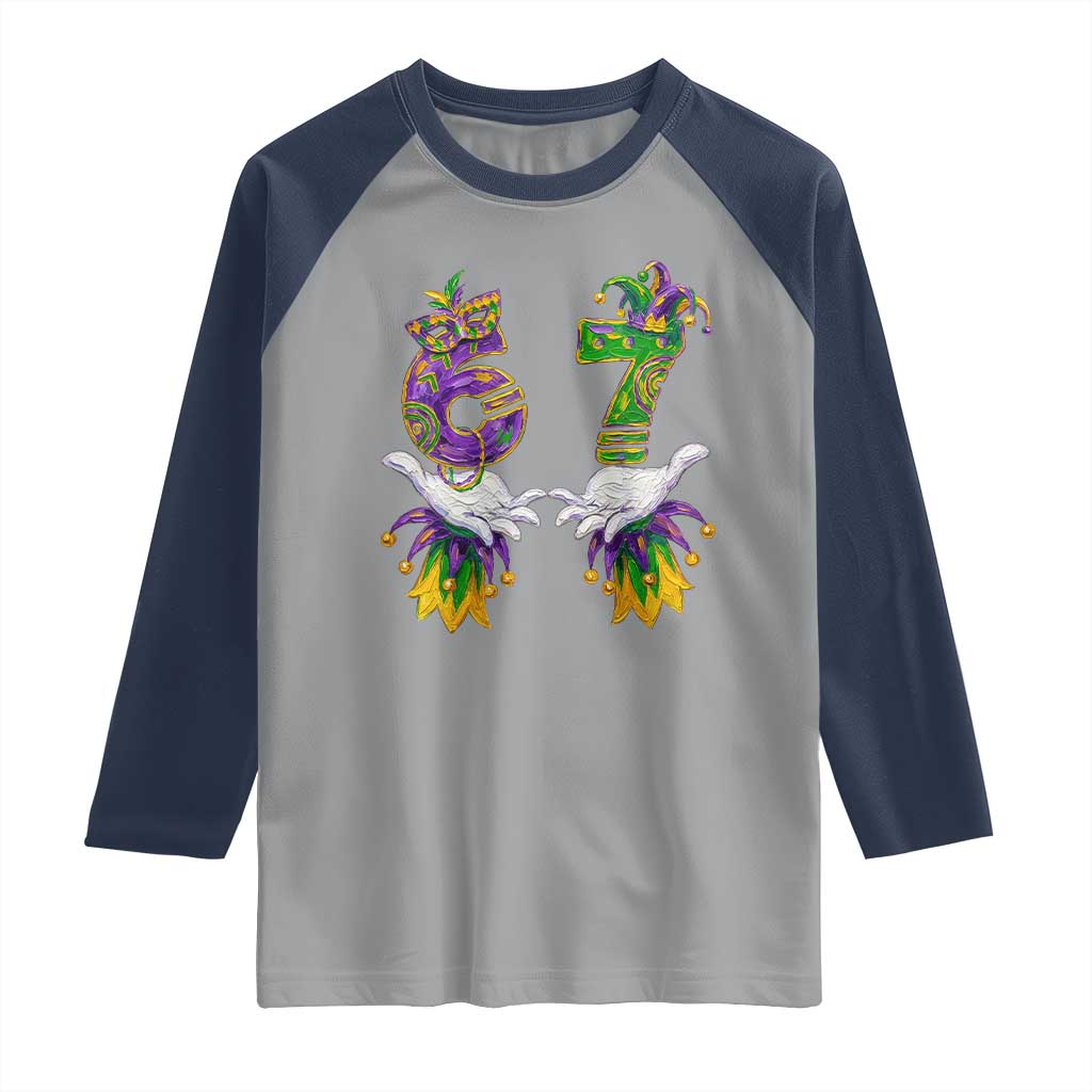 67 Mardi Gras Meme Raglan Shirt Funny Six Seven Hand Carnival Trendy