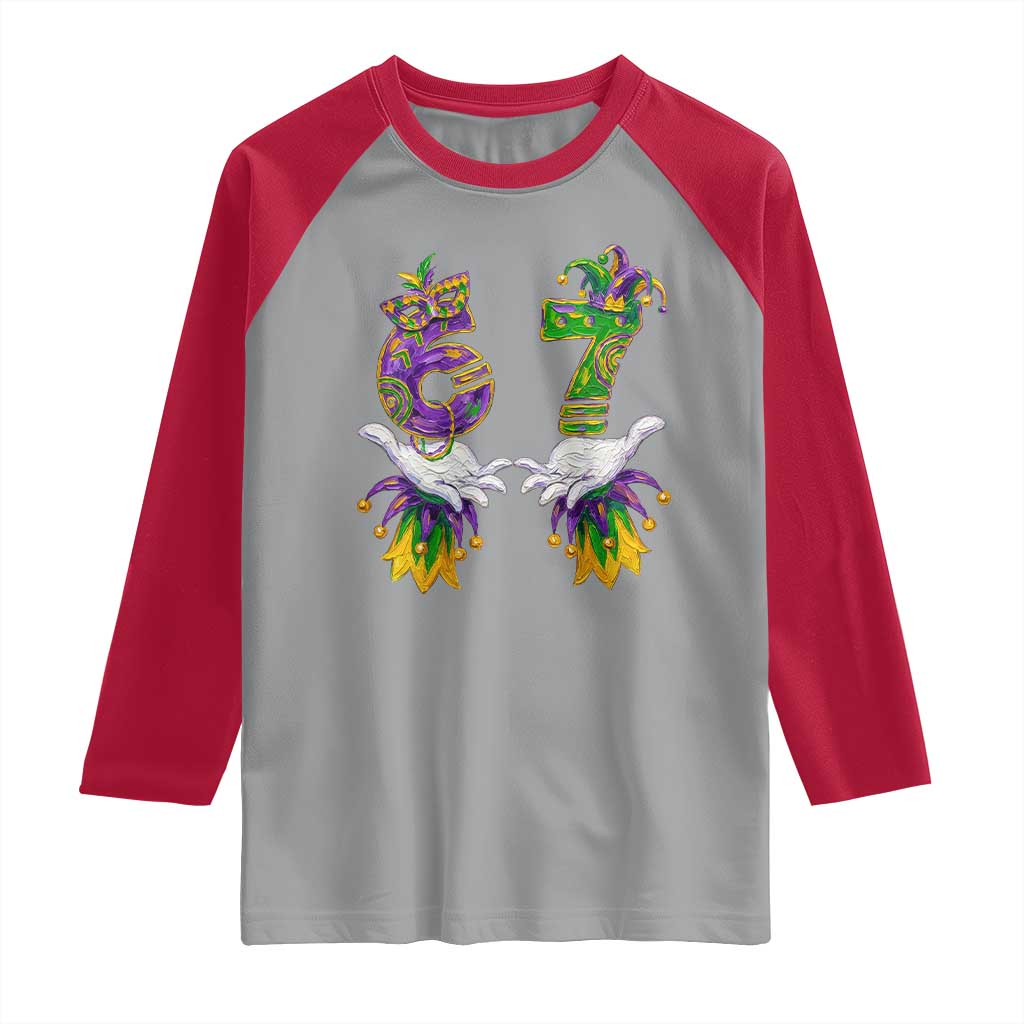 67 Mardi Gras Meme Raglan Shirt Funny Six Seven Hand Carnival Trendy