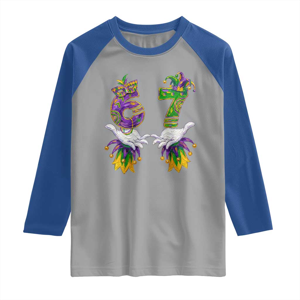 67 Mardi Gras Meme Raglan Shirt Funny Six Seven Hand Carnival Trendy