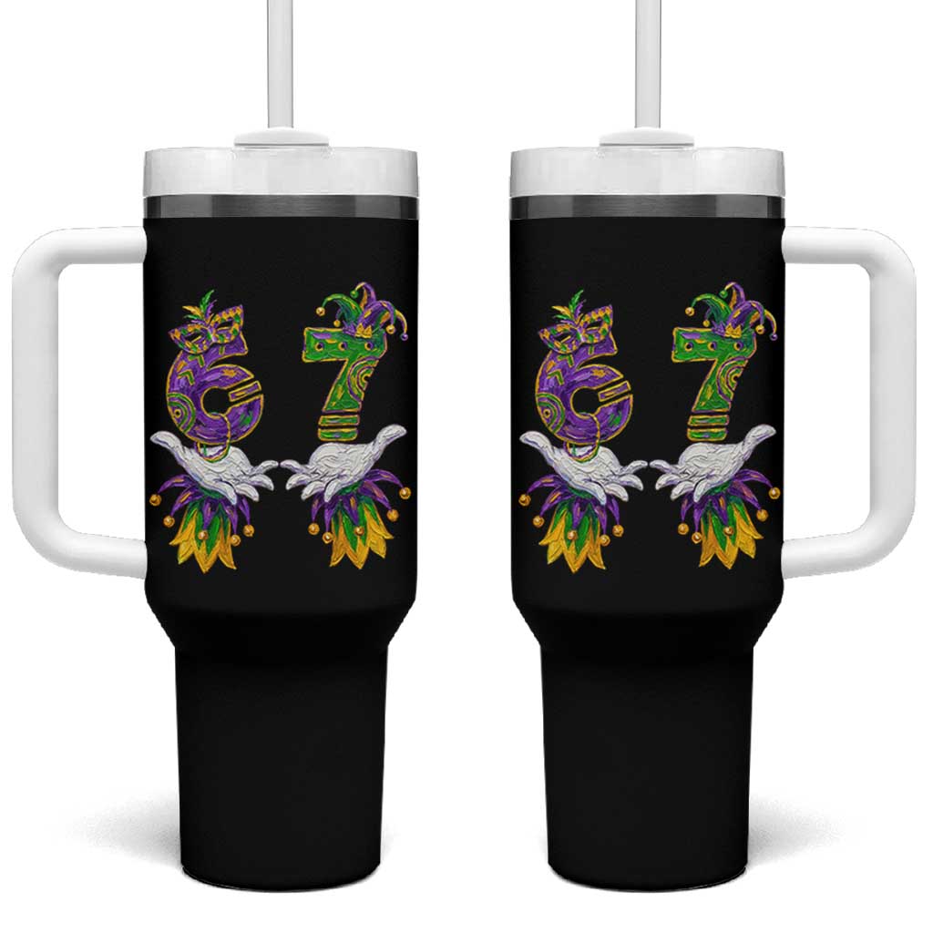 67 Mardi Gras Meme Tumbler With Handle Funny Six Seven Hand Carnival Trendy