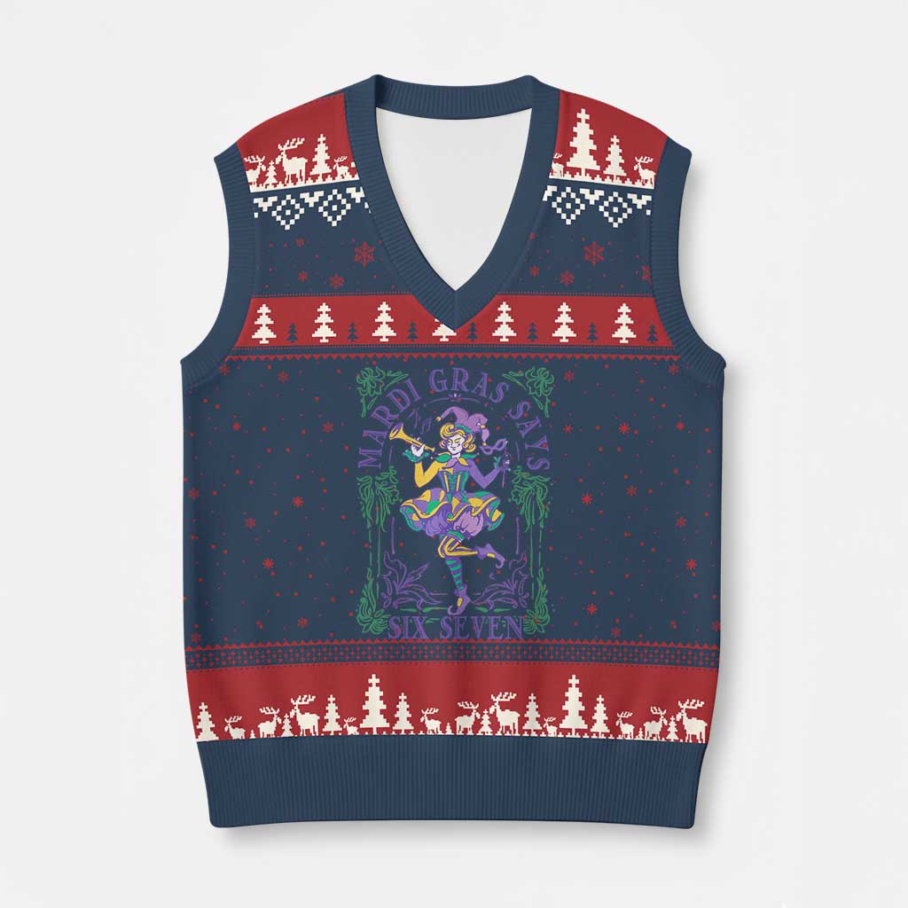 67 Mardi Gras V-Neck Knit Sweater Vest Funny Six Seven Carnival Trendy