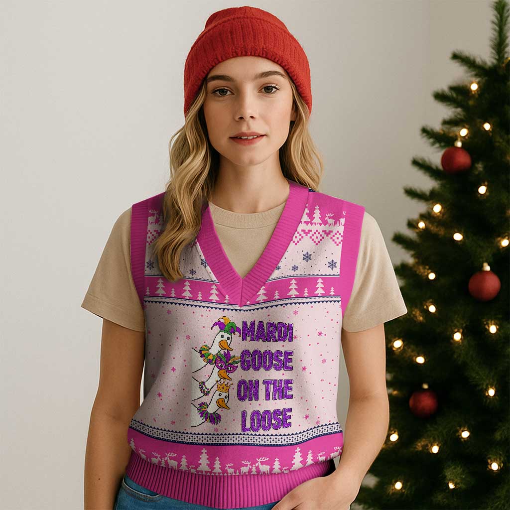Funny Mardi Gras V-Neck Knit Sweater Vest Louisiana Carnival Silly Goose Festival