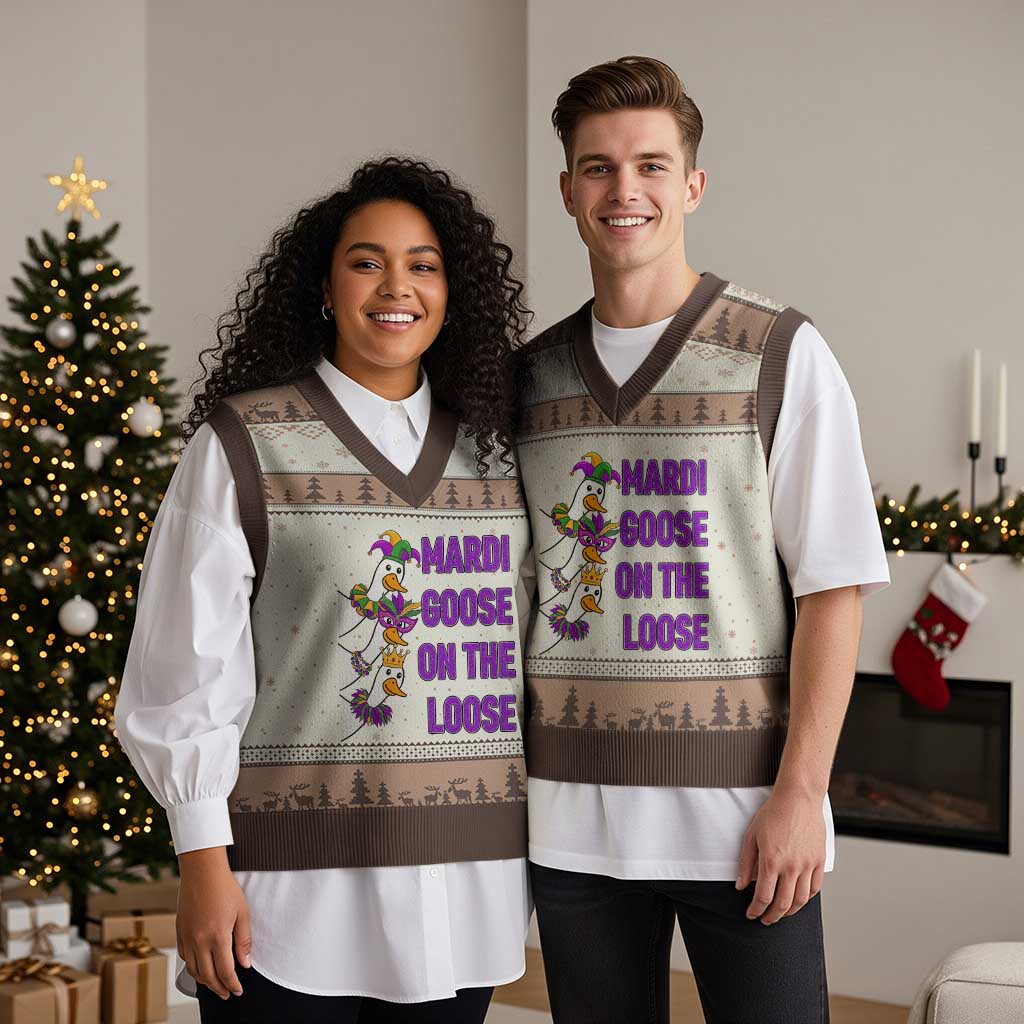 Funny Mardi Gras V-Neck Knit Sweater Vest Louisiana Carnival Silly Goose Festival
