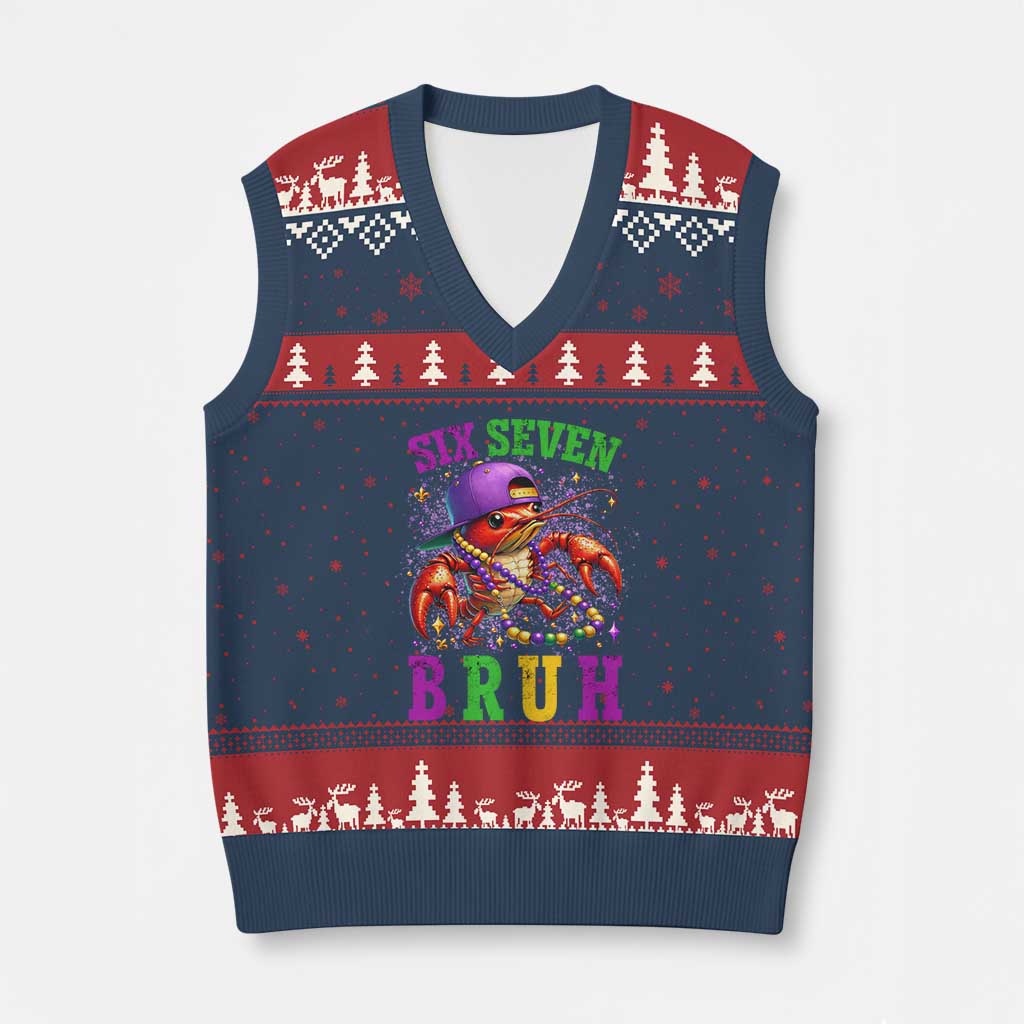 67 Mardi Gras V-Neck Knit Sweater Vest Funny Crawfish Six Seven Bruh Meme