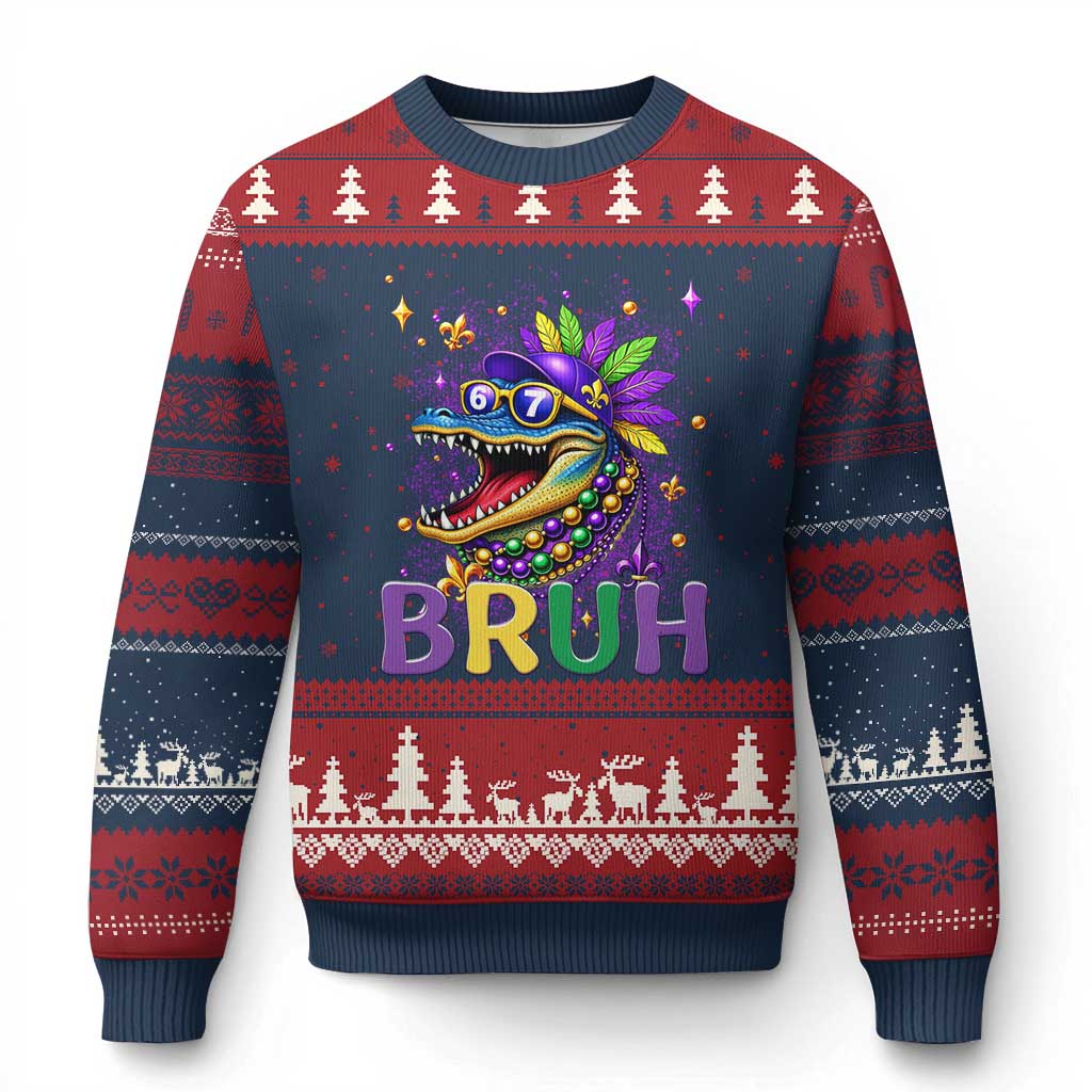 67 Mardi Gras Ugly Christmas Sweater Funny Alligator Six Seven Bruh Meme