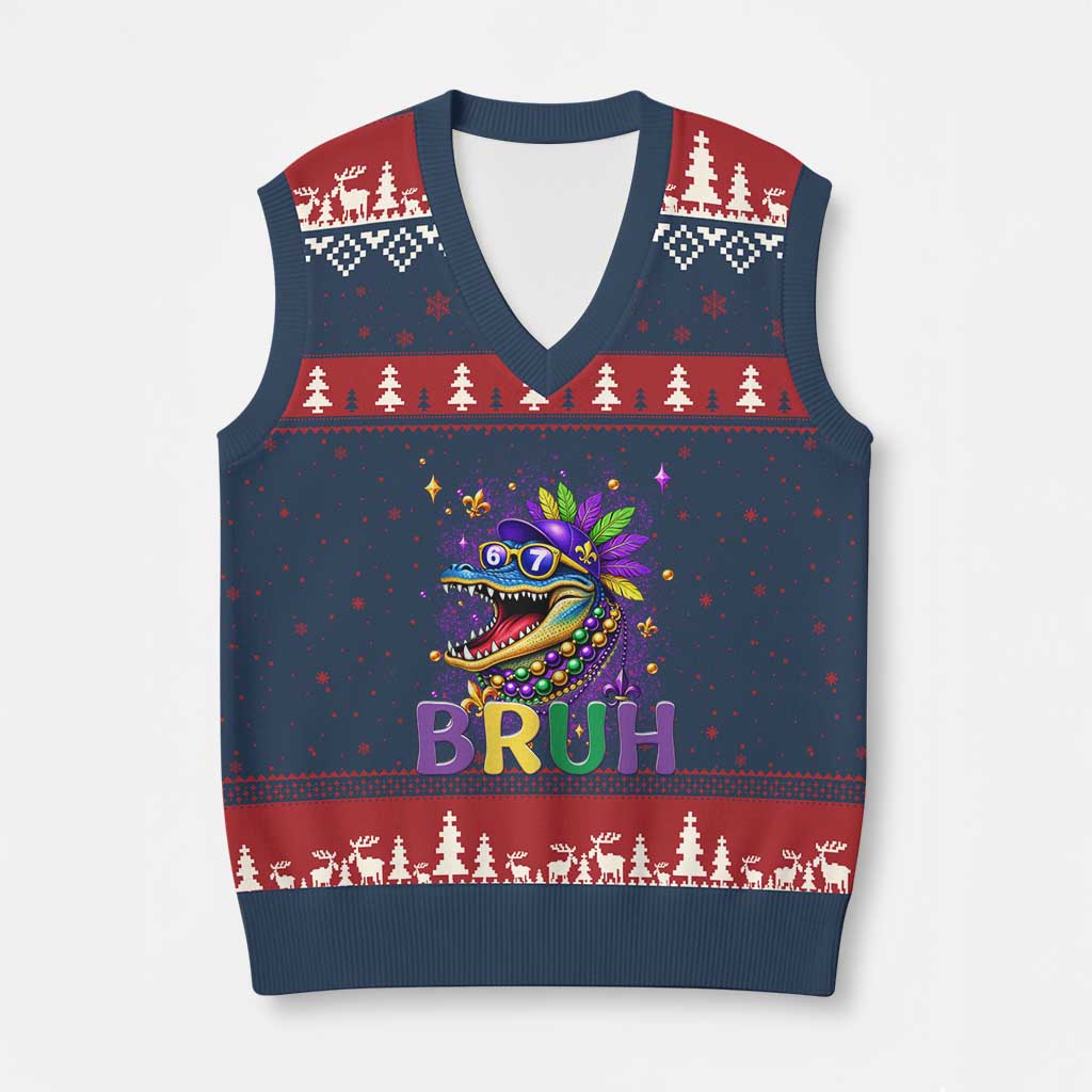 67 Mardi Gras V-Neck Knit Sweater Vest Funny Alligator Six Seven Bruh Meme