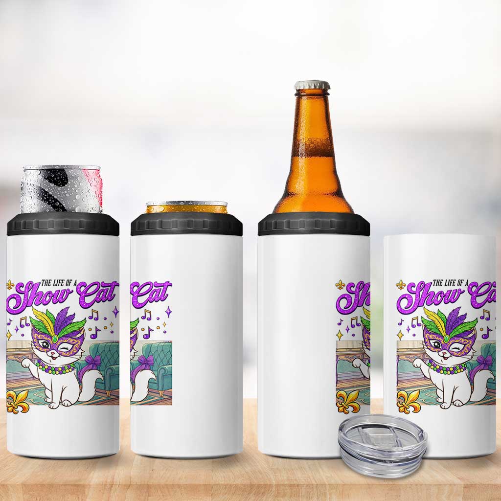 Cute Mardi Gras Cat 4 in 1 Can Cooler Tumbler The Life Of The Showgirl
