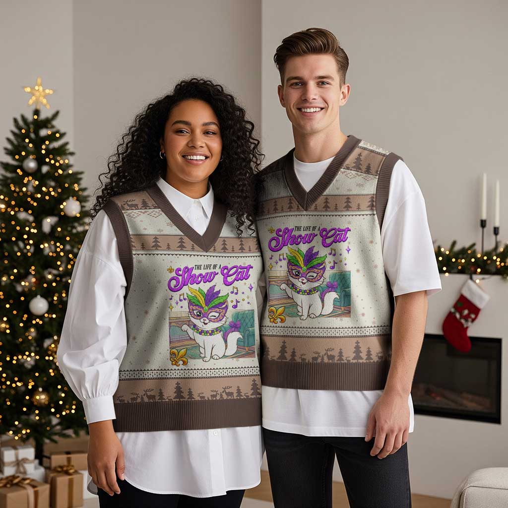 Cute Mardi Gras Cat V-Neck Knit Sweater Vest The Life Of The Showgirl