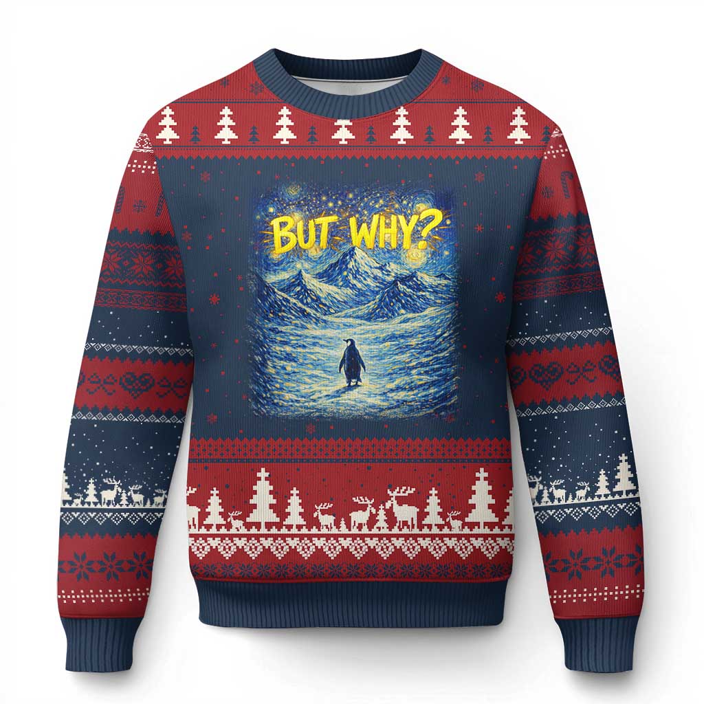 But Why Penguin Ugly Christmas Sweater Starry Night Van Gogh Nihilist Penguin Hiking