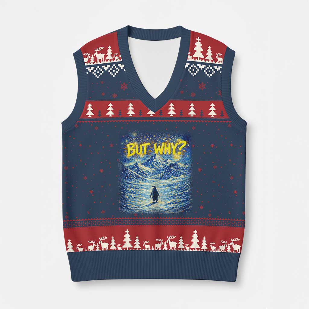 But Why Penguin V-Neck Knit Sweater Vest Starry Night Van Gogh Nihilist Penguin Hiking