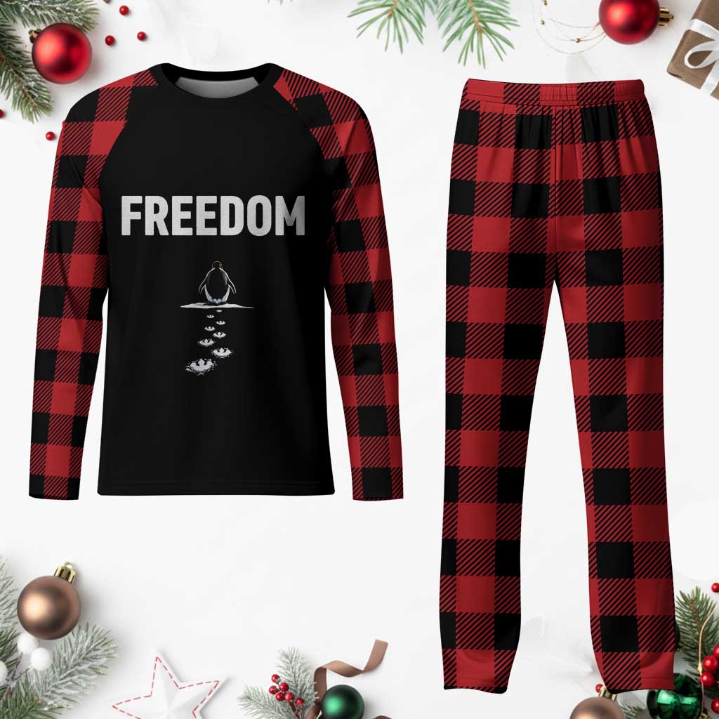 Penguin Freedom Plaid Pajama Set Funny Nihilist Penguin Hiking Mountains