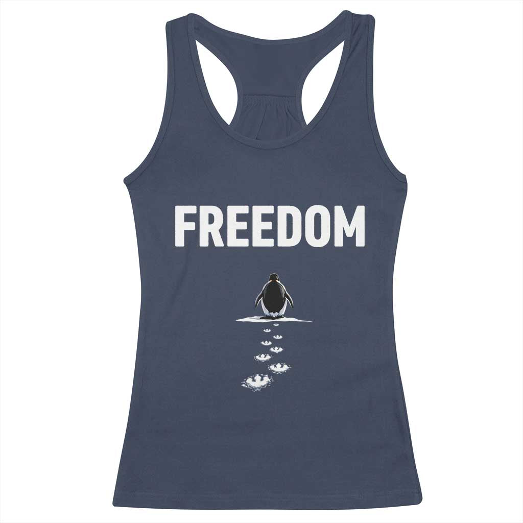 Penguin Freedom Racerback Tank Top Funny Nihilist Penguin Hiking Mountains