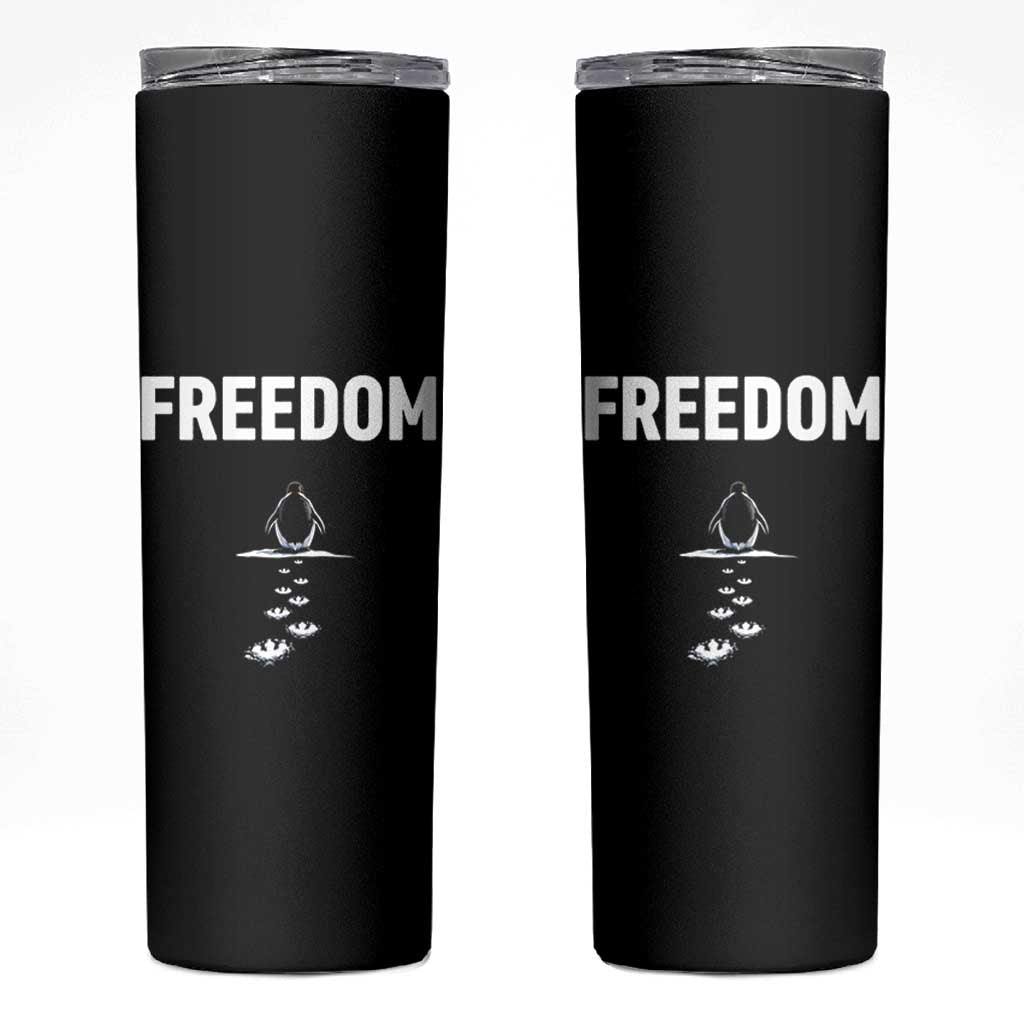 Penguin Freedom Skinny Tumbler Funny Nihilist Penguin Hiking Mountains