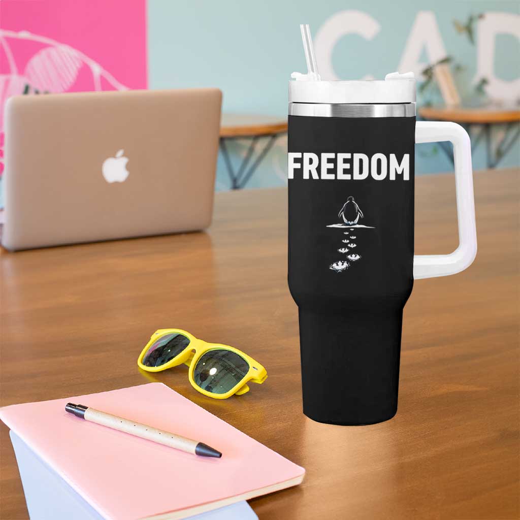 Penguin Freedom Tumbler With Handle Funny Nihilist Penguin Hiking Mountains