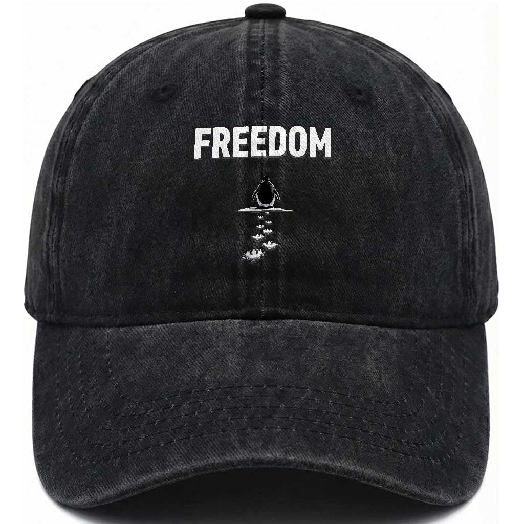 Penguin Freedom Washed Cotton Baseball Cap Funny Nihilist Penguin Hiking Mountains