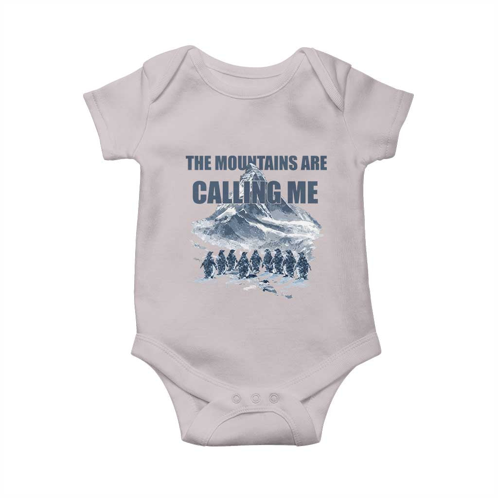 Funny Nihilist Penguin Hiking Baby Onesie The Mountains Are Calling Me