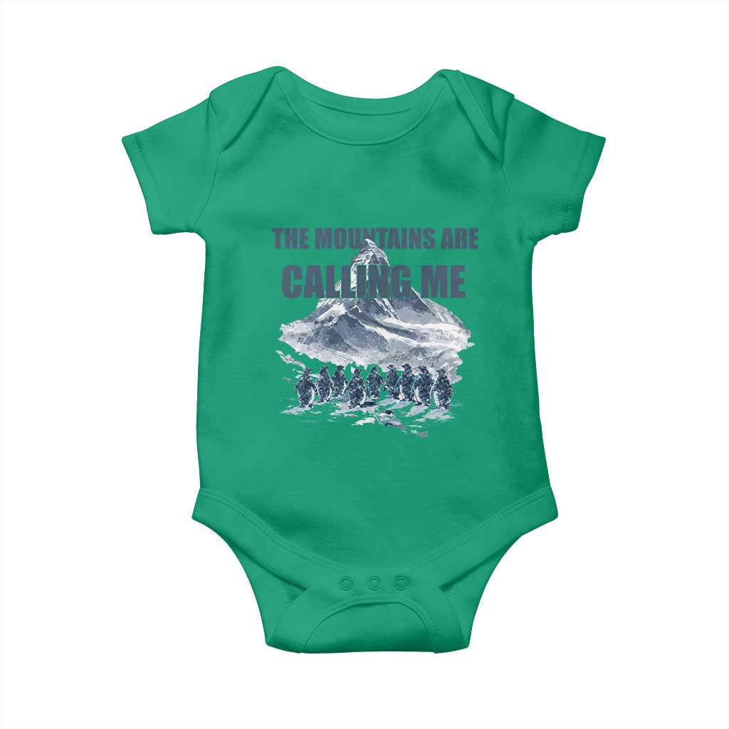 Funny Nihilist Penguin Hiking Baby Onesie The Mountains Are Calling Me