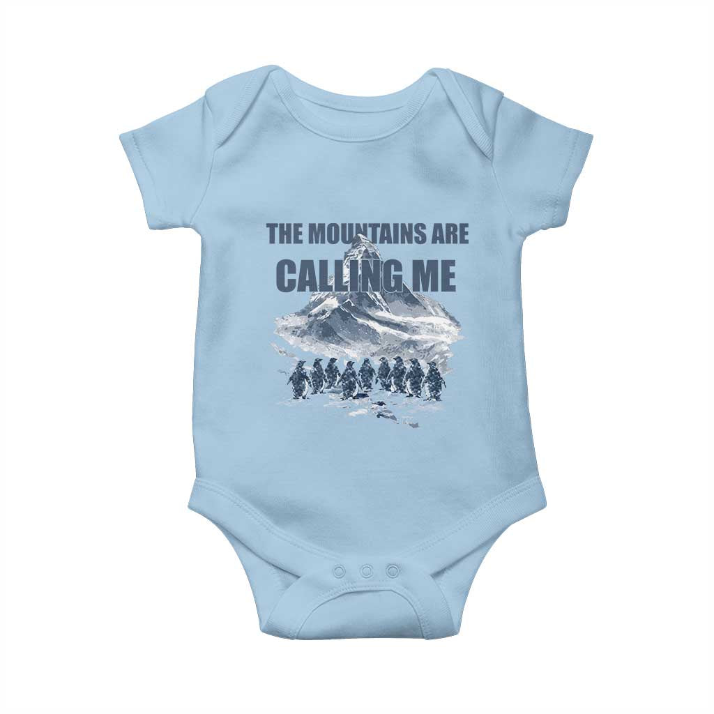 Funny Nihilist Penguin Hiking Baby Onesie The Mountains Are Calling Me