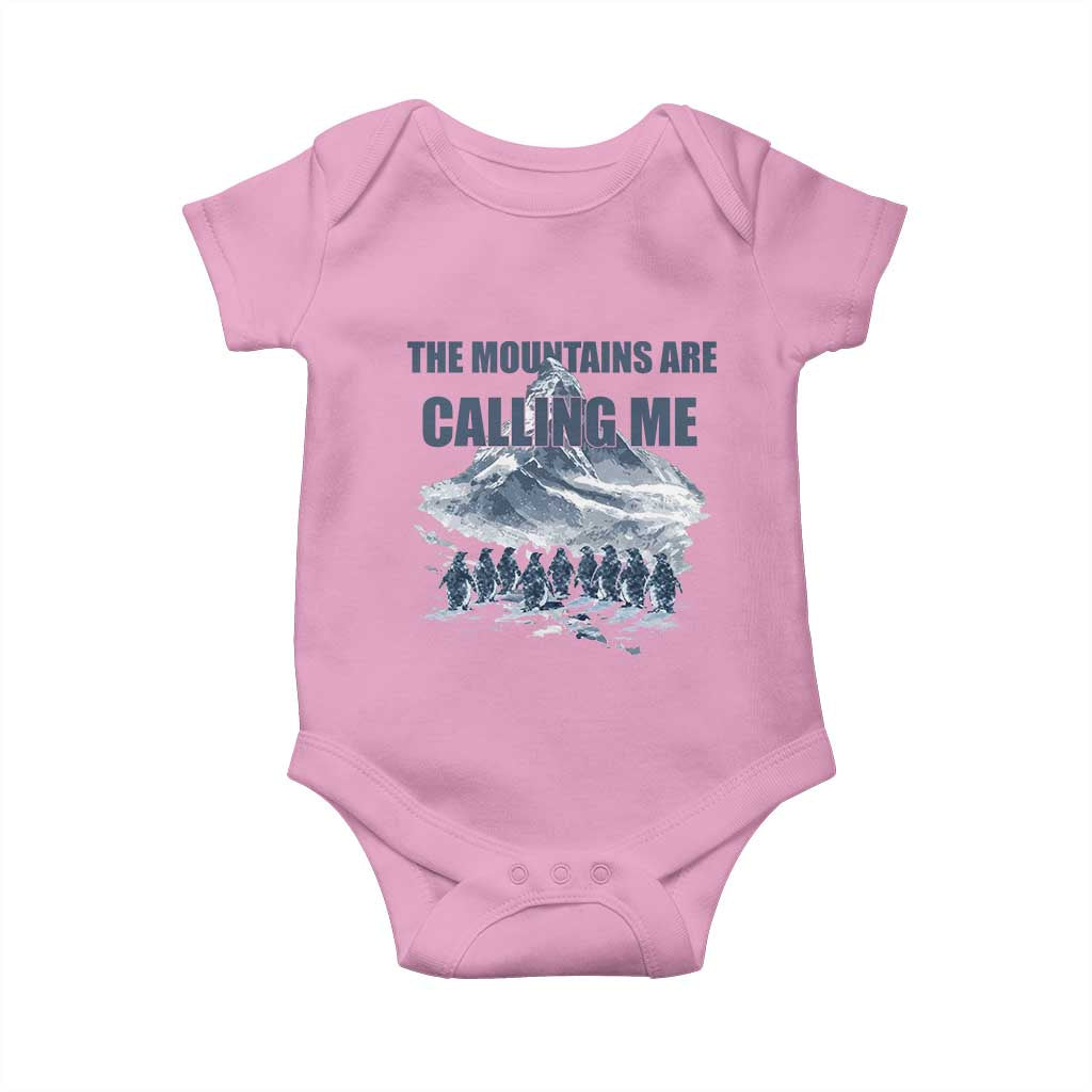 Funny Nihilist Penguin Hiking Baby Onesie The Mountains Are Calling Me