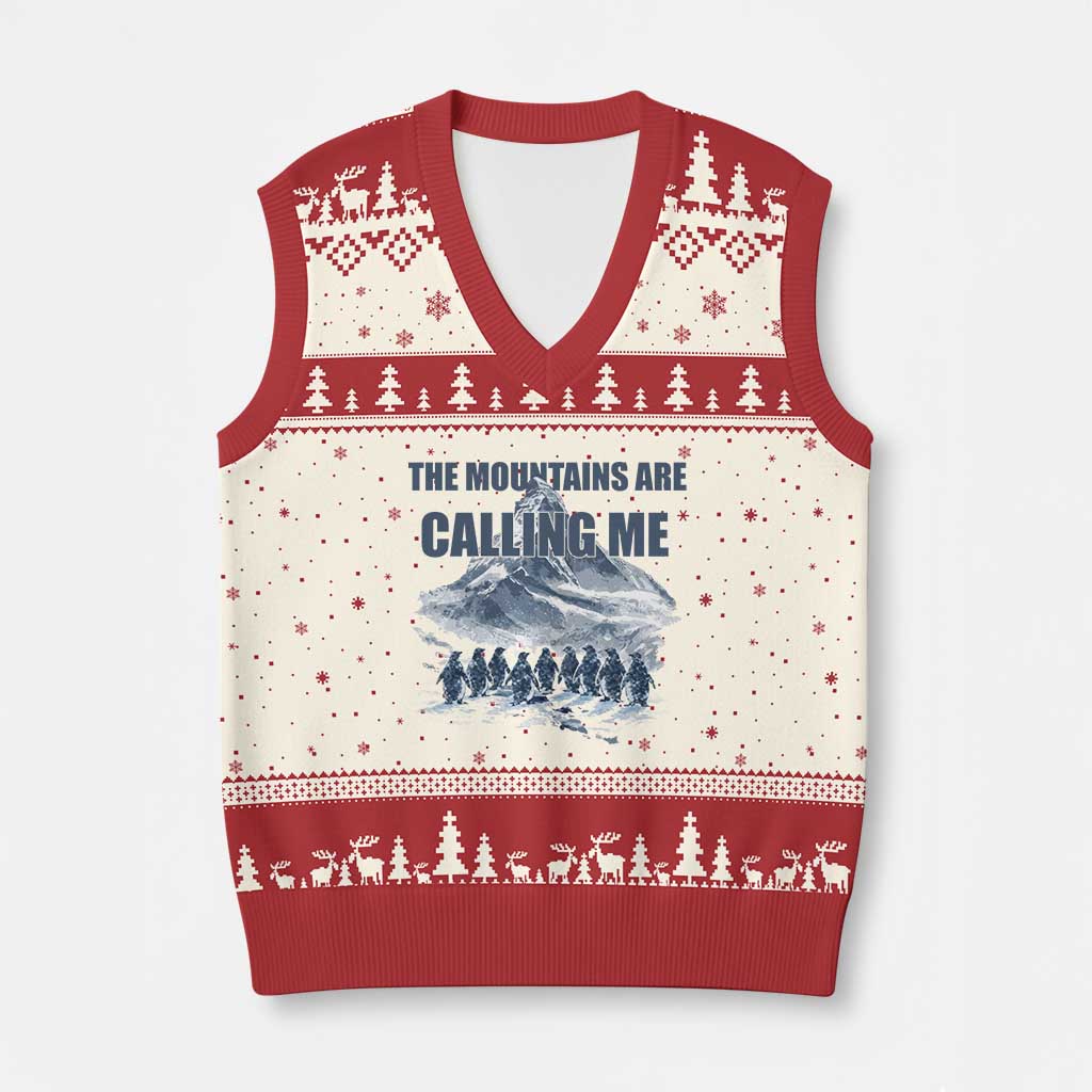 Funny Nihilist Penguin Hiking V-Neck Knit Sweater Vest The Mountains Are Calling Me