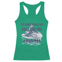 Funny Nihilist Penguin Hiking Racerback Tank Top The Mountains Are Calling Me