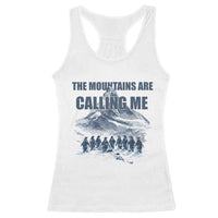 Funny Nihilist Penguin Hiking Racerback Tank Top The Mountains Are Calling Me