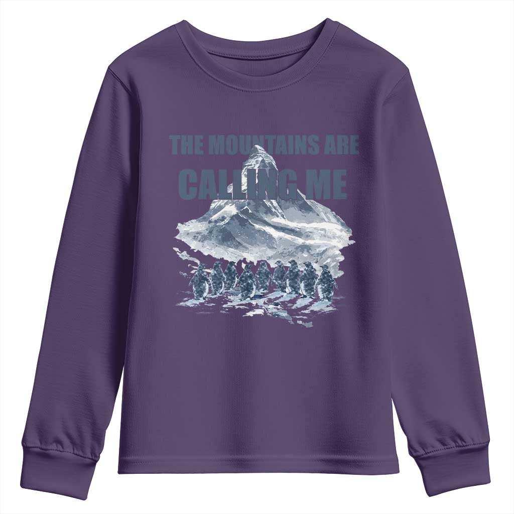 Funny Nihilist Penguin Hiking Youth Sweatshirt The Mountains Are Calling Me