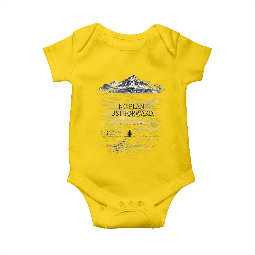 Funny Nihilist Penguin Hiking Baby Onesie No Plan Just Forward