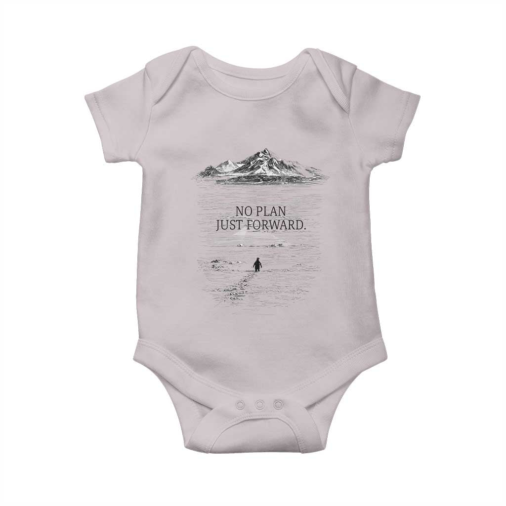 Funny Nihilist Penguin Hiking Baby Onesie No Plan Just Forward