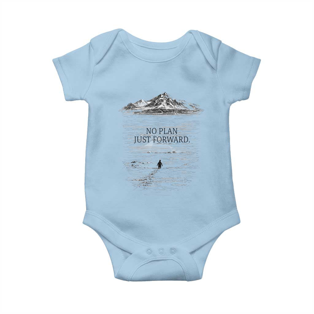 Funny Nihilist Penguin Hiking Baby Onesie No Plan Just Forward