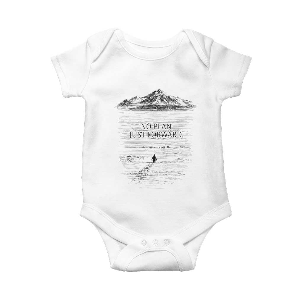 Funny Nihilist Penguin Hiking Baby Onesie No Plan Just Forward
