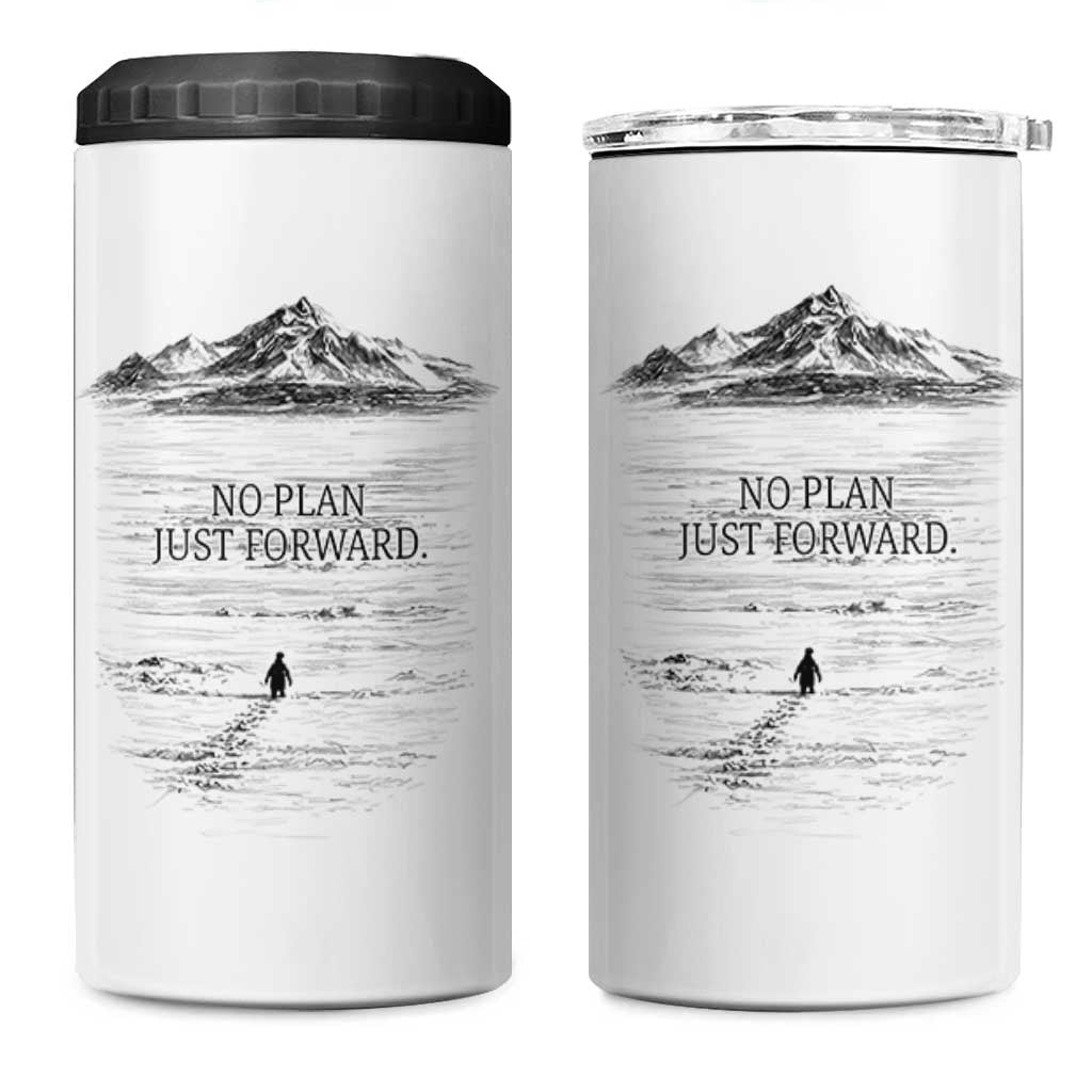 Funny Nihilist Penguin Hiking 4 in 1 Can Cooler Tumbler No Plan Just Forward