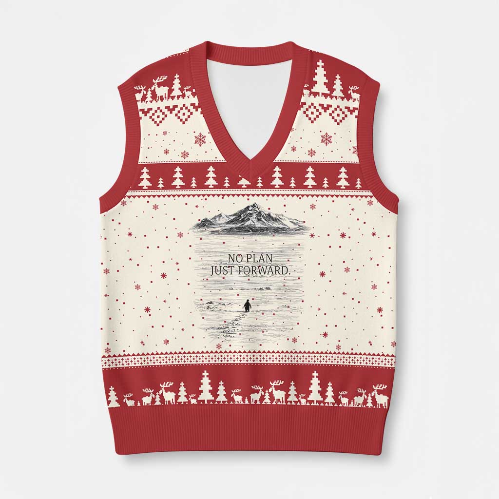 Funny Nihilist Penguin Hiking V-Neck Knit Sweater Vest No Plan Just Forward