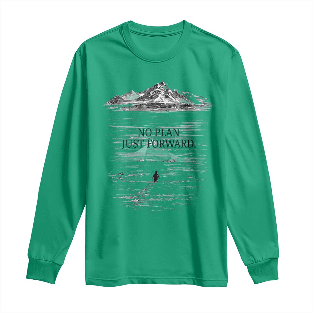 Funny Nihilist Penguin Hiking Long Sleeve Shirt No Plan Just Forward