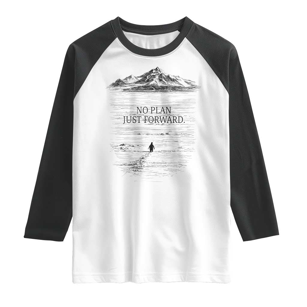 Funny Nihilist Penguin Hiking Raglan Shirt No Plan Just Forward