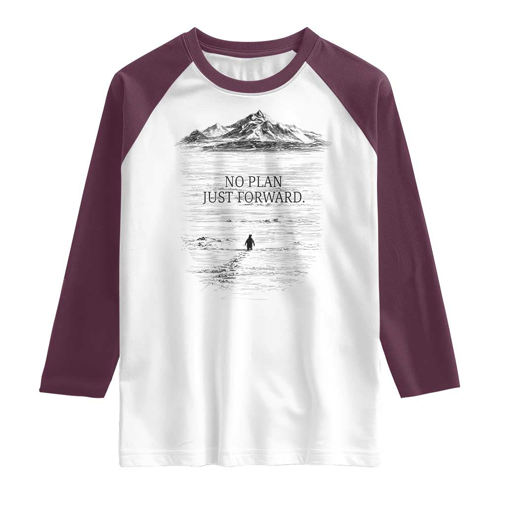 Funny Nihilist Penguin Hiking Raglan Shirt No Plan Just Forward