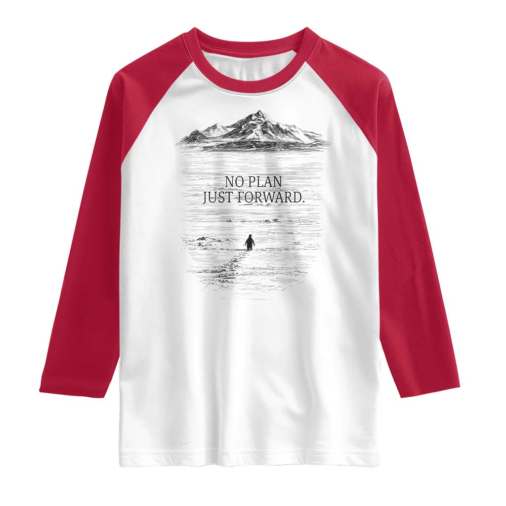 Funny Nihilist Penguin Hiking Raglan Shirt No Plan Just Forward